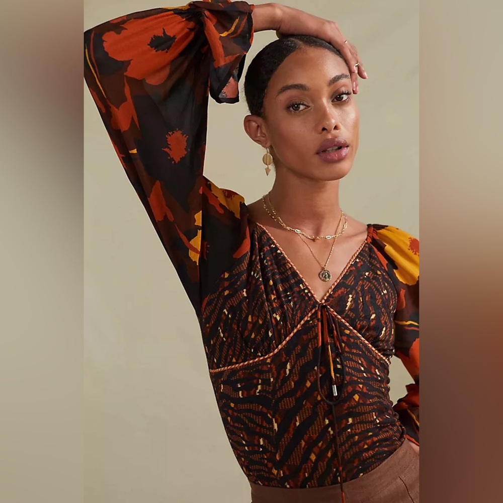 Anthropologie Orange and Black Patterned Blouse